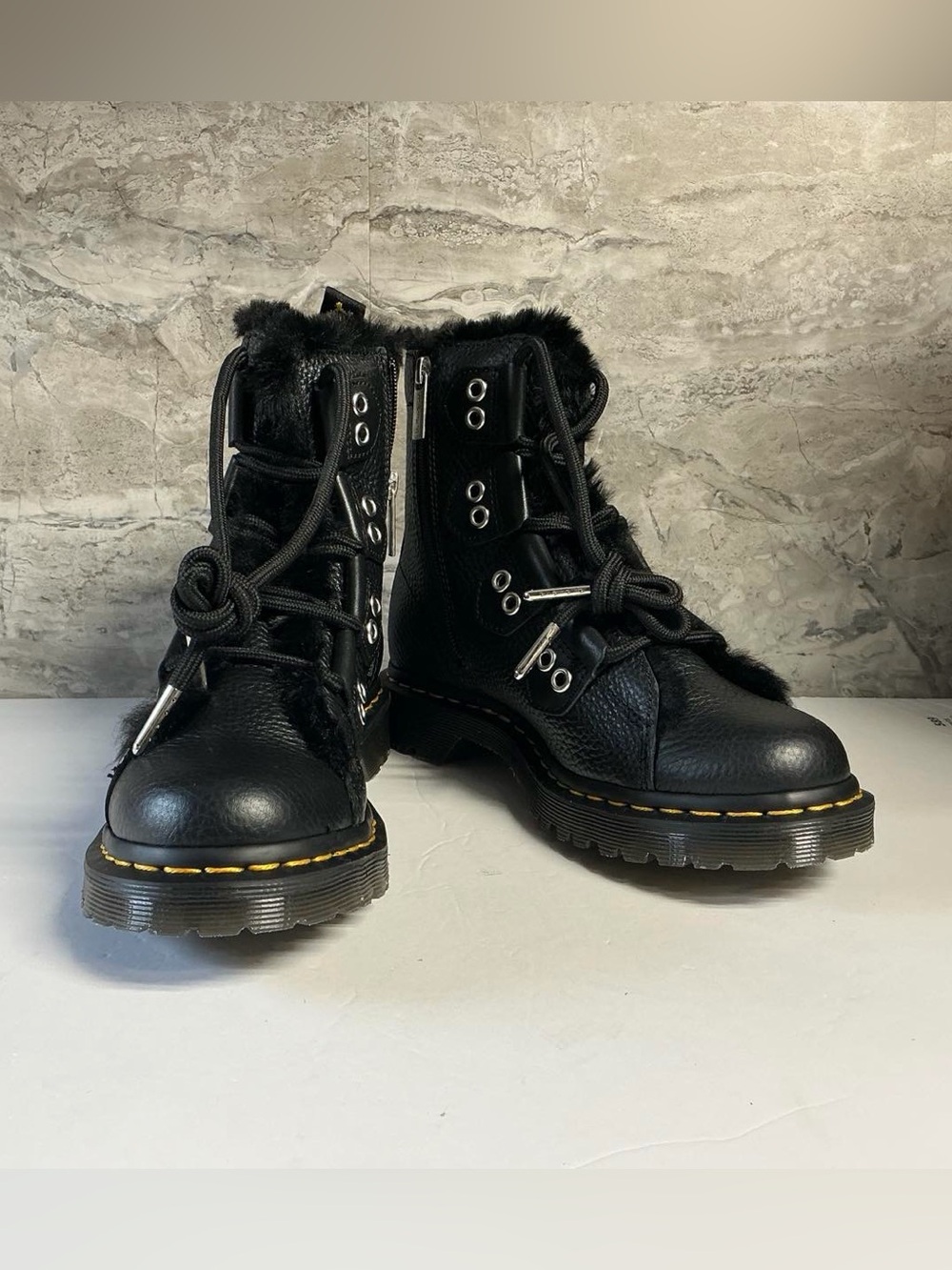 Dr. Martens Black Leather Lace-Up Fur-Trim Boot - Picture 9 of 10